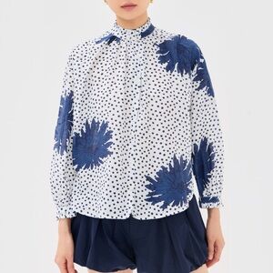 Alix Of Bohemia Poet Dahlia Blue White Floral Dot Oversized Blouse Top Medium